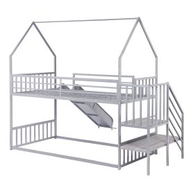 House Shape Twin Over Twin Metal Bunk Bed With Slide And Staircase
