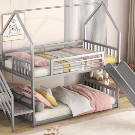 House Shape Twin Over Twin Metal Bunk Bed With Slide And Staircase