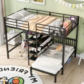 Metal Full Over Twin Bunk Bed With Built-in Desk, Shelves And Ladder
