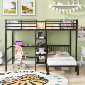 Metal Full Over Twin Bunk Bed With Built-in Desk, Shelves And Ladder