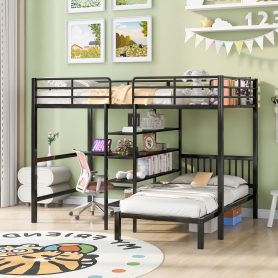 Metal Full Over Twin Bunk Bed With Built-in Desk, Shelves And Ladder
