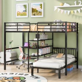 Metal Full Over Twin Bunk Bed With Built-in Desk, Shelves And Ladder