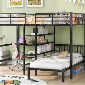 Metal Full Over Twin Bunk Bed With Built-in Desk, Shelves And Ladder
