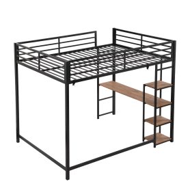 Full Size Metal Loft Bed with Built-in Desk and Storage Shelves