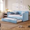 Upholstered Twin Size Sofa Bed With Trundle Bed And Wood Slat