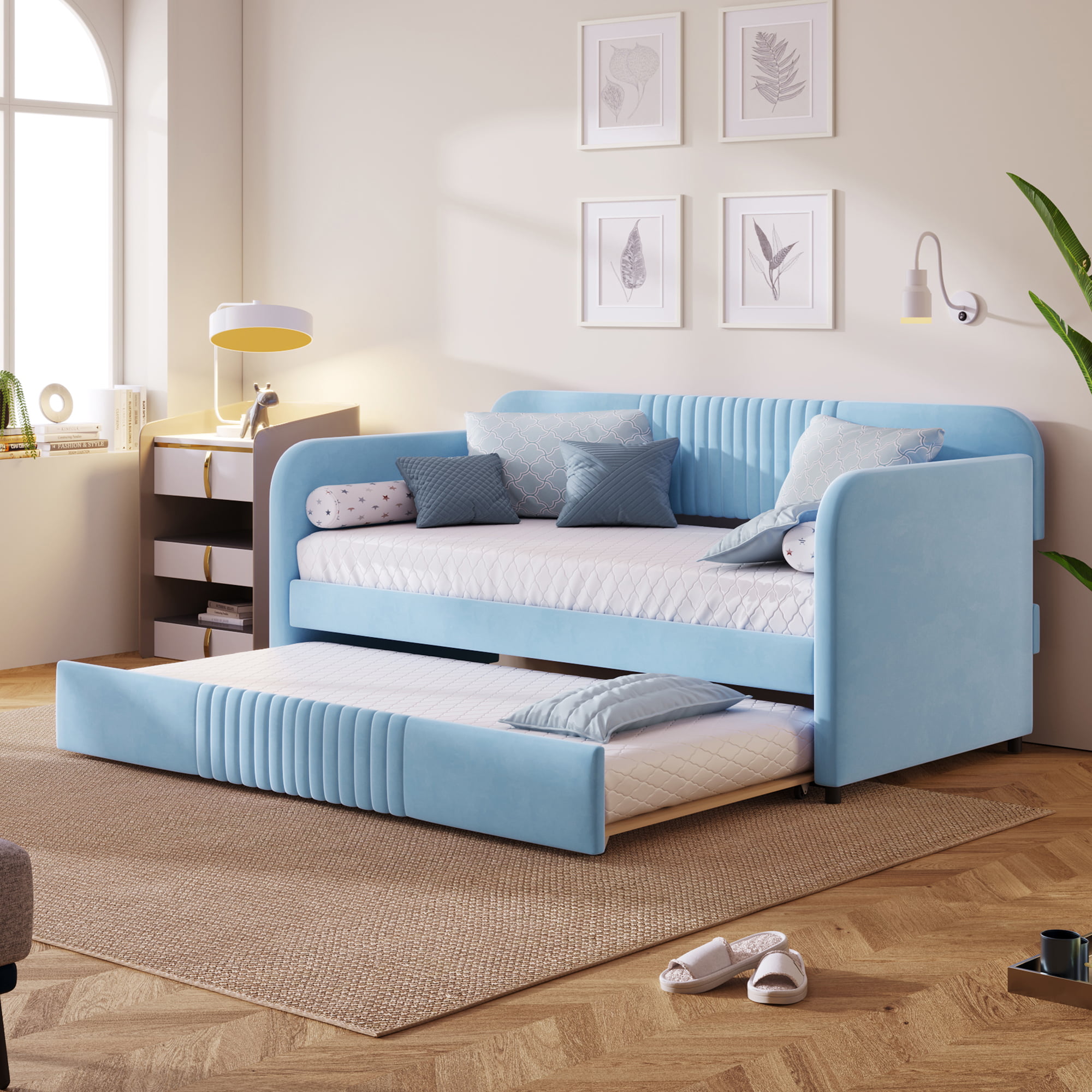 Upholstered Twin Size Sofa Bed With Trundle Bed And Wood Slat 3 Upholstered Twin Size Sofa Bed With Trundle Bed And Wood Slat
