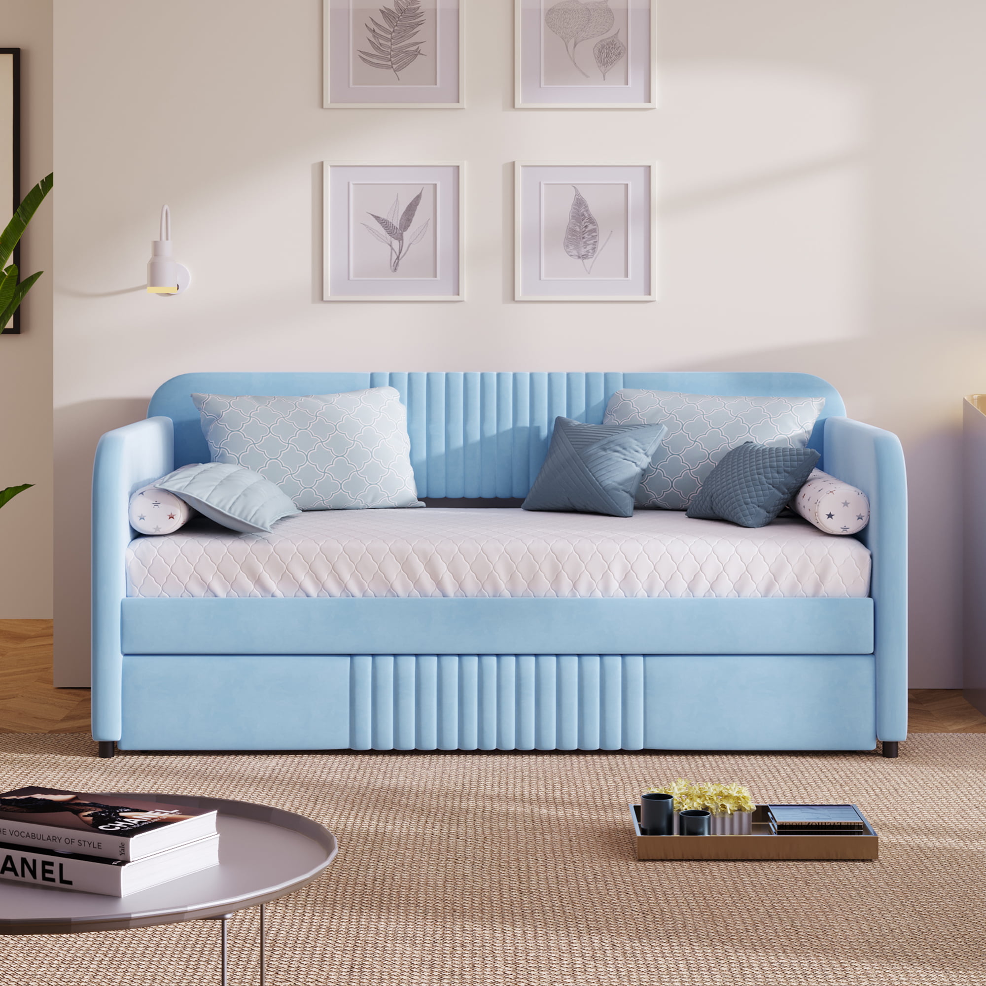 Upholstered Twin Size Sofa Bed With Trundle Bed And Wood Slat 4 Upholstered Twin Size Sofa Bed With Trundle Bed And Wood Slat