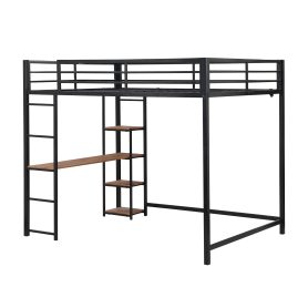 Full Size Metal Loft Bed with Built-in Desk and Storage Shelves