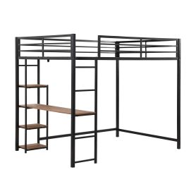 Full Size Metal Loft Bed with Built-in Desk and Storage Shelves