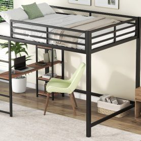 Full Size Metal Loft Bed with Built-in Desk and Storage Shelves