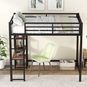 Full Size Metal Loft Bed with Built-in Desk and Storage Shelves