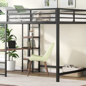 Full Size Metal Loft Bed with Built-in Desk and Storage Shelves