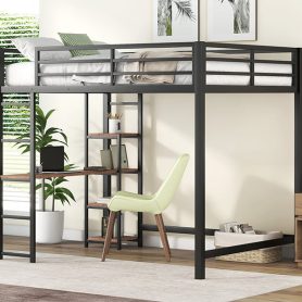 Full Size Metal Loft Bed with Built-in Desk and Storage Shelves