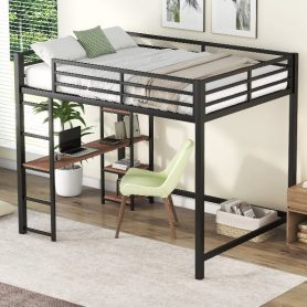 Full Size Metal Loft Bed with Built-in Desk and Storage Shelves