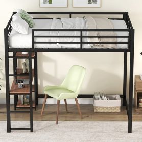 Full Size Metal Loft Bed with Built-in Desk and Storage Shelves