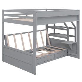 Wood Full Size Convertible Bunk Bed with Storage Staircase, Bedside Table, and 3 Drawers