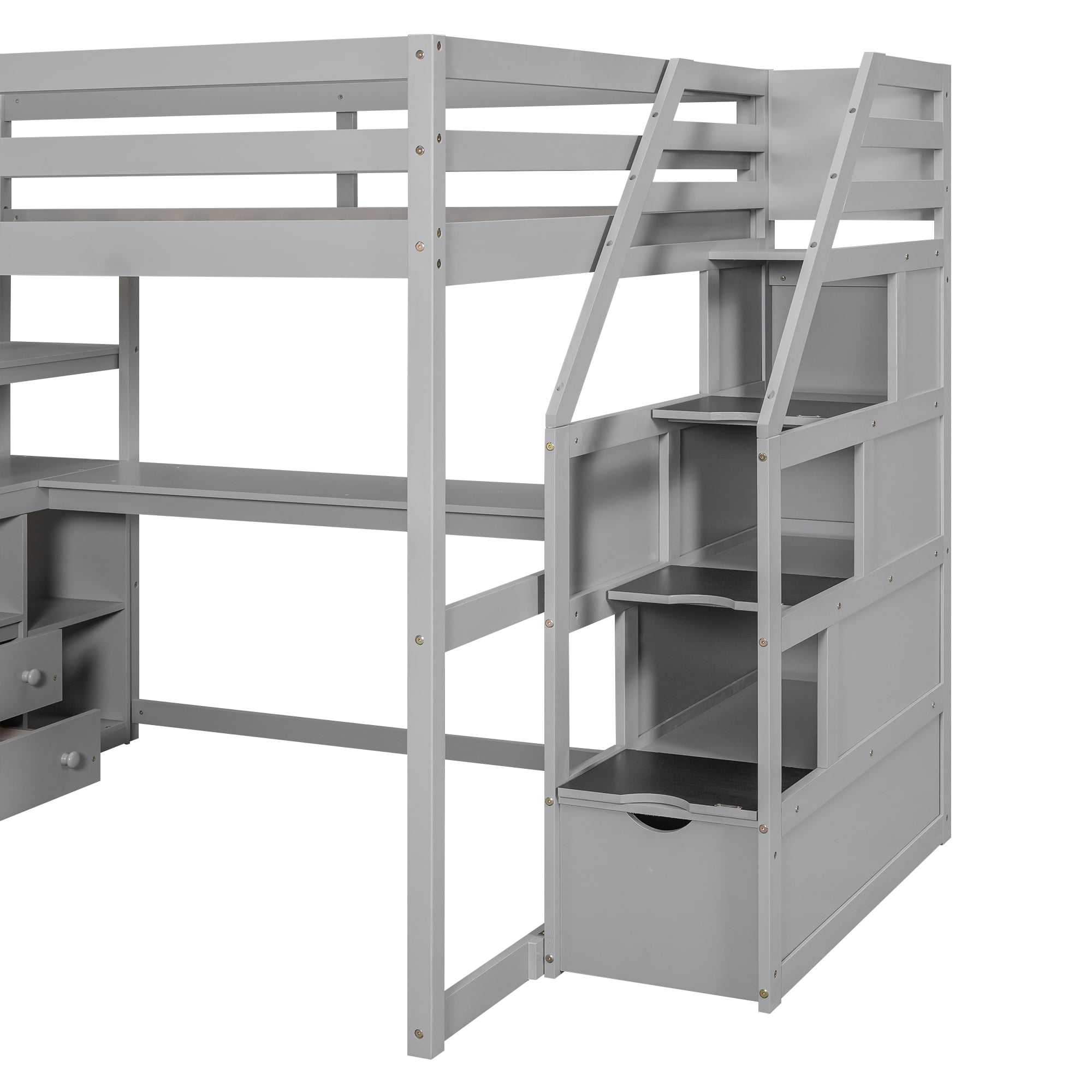 Full Size Loft Bed With Desk And Shelves, Two Built-in Drawers, Storage Staircase 18 Full Size Loft Bed With Desk And Shelves, Two Built-in Drawers, Storage Staircase