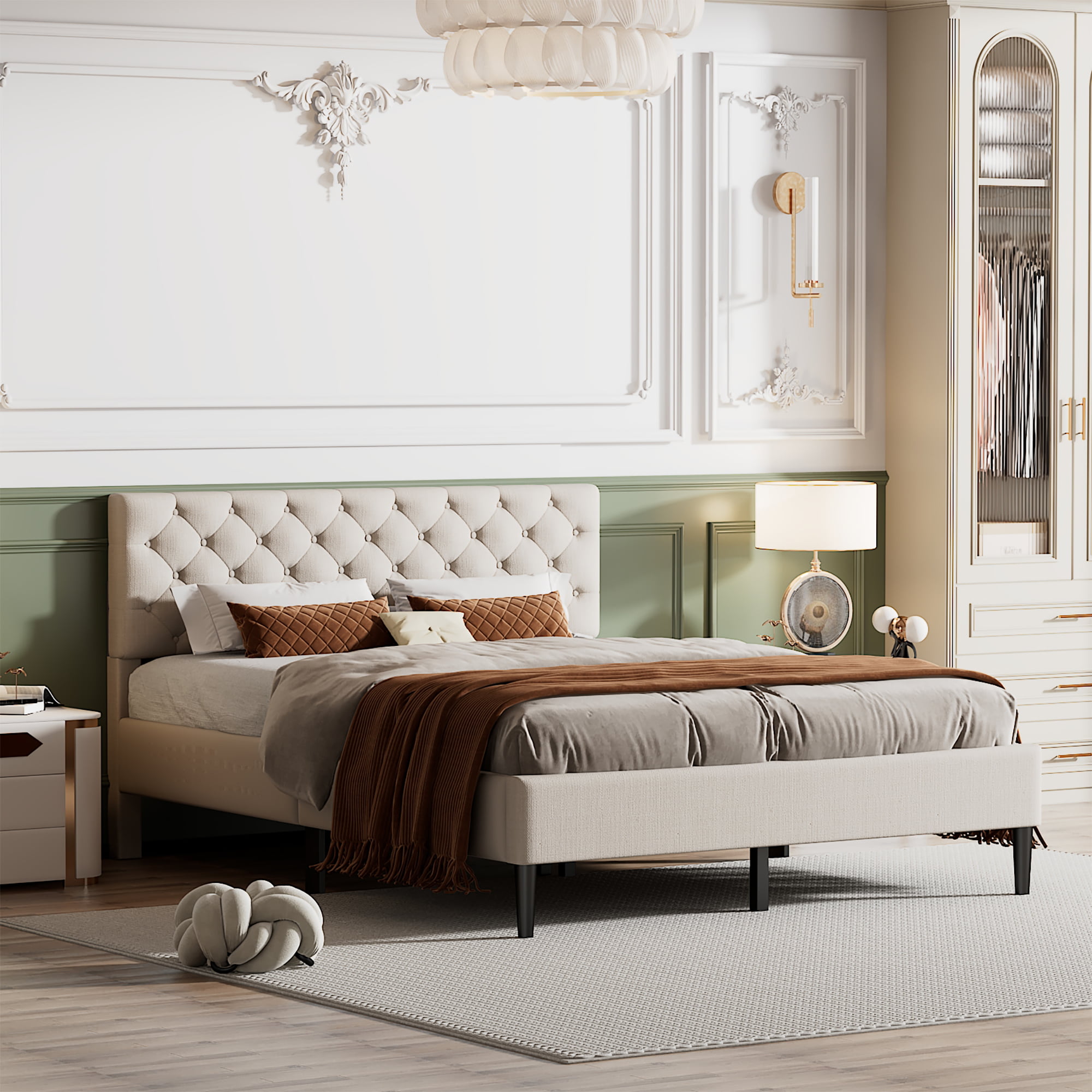 Queen Size Upholstered Linen Platform Bed