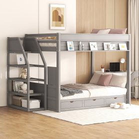 Wood Full Size Convertible Bunk Bed with Storage Staircase, Bedside Table, and 3 Drawers