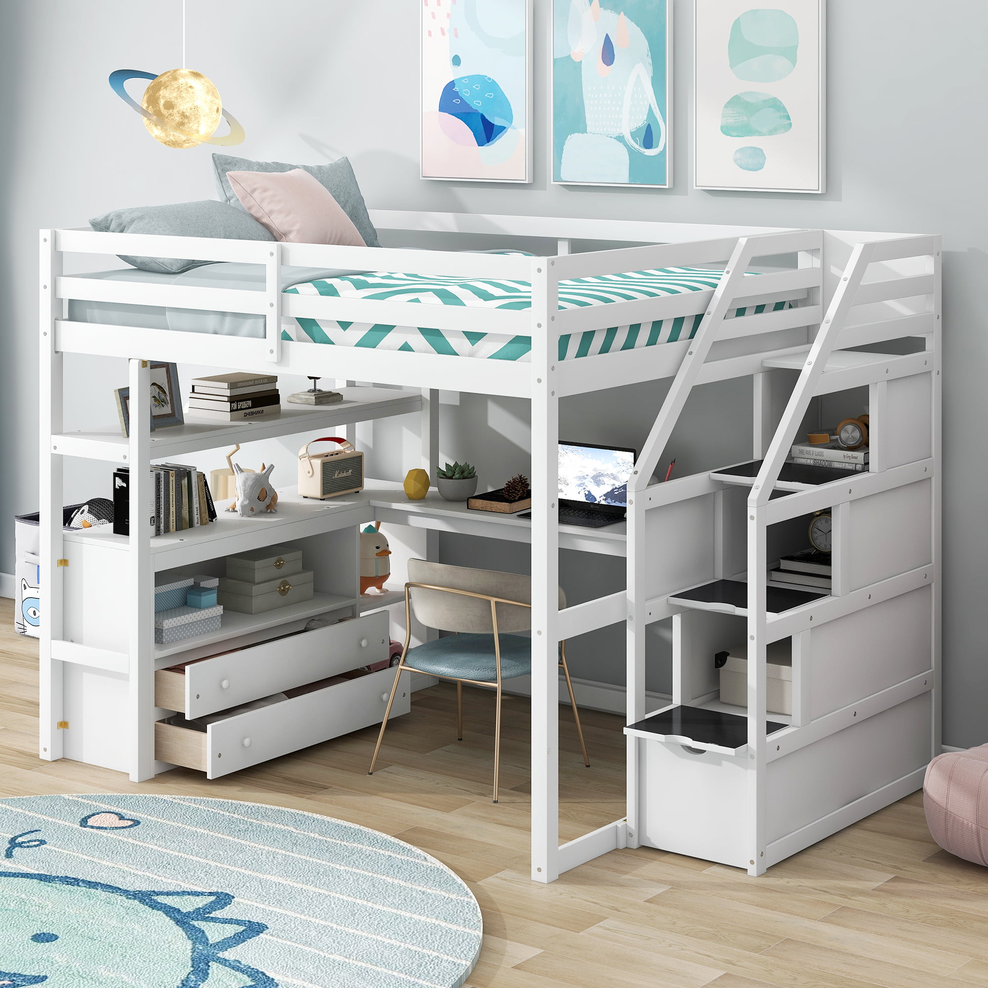 Full Size Loft Bed With Desk And Shelves, Two Built-in Drawers, Storage Staircase