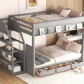 Wood Full Size Convertible Bunk Bed with Storage Staircase, Bedside Table, and 3 Drawers