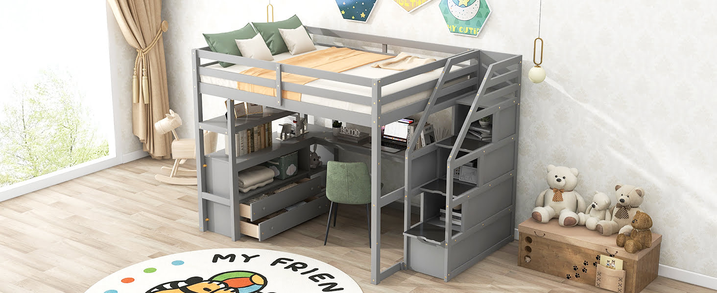 Full Size Loft Bed With Desk And Shelves, Two Built-in Drawers, Storage Staircase 7 Full Size Loft Bed With Desk And Shelves, Two Built-in Drawers, Storage Staircase