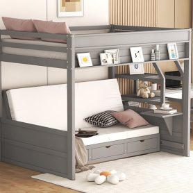 Wood Full Size Convertible Bunk Bed with Storage Staircase, Bedside Table, and 3 Drawers