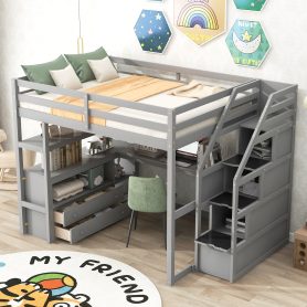 Full Size Loft Bed With Desk And Shelves, Two Built-in Drawers, Storage Staircase 21 Full Size Loft Bed With Desk And Shelves, Two Built-in Drawers, Storage Staircase