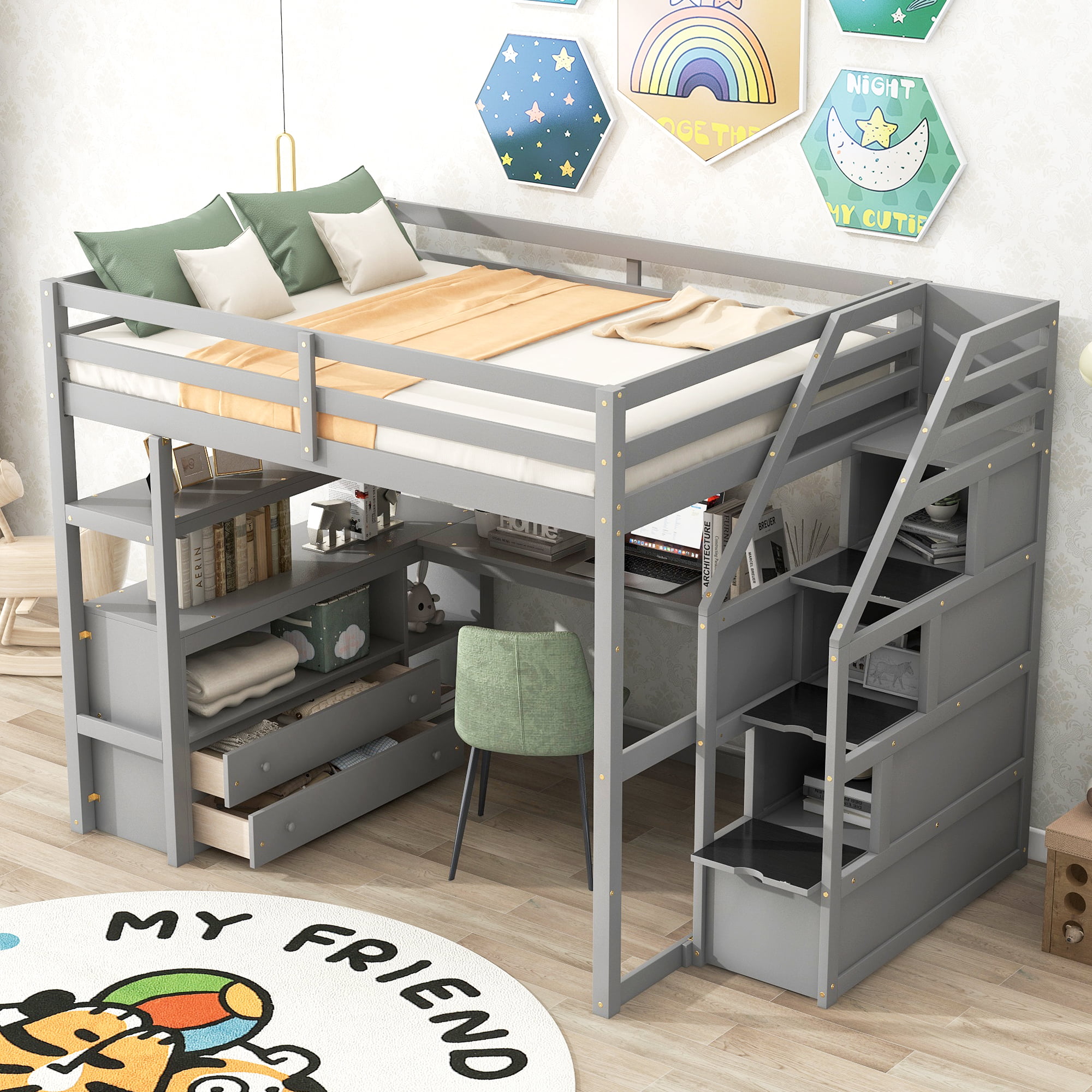 Full Size Loft Bed With Desk And Shelves, Two Built-in Drawers, Storage Staircase 5 Full Size Loft Bed With Desk And Shelves, Two Built-in Drawers, Storage Staircase
