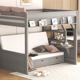 Wood Full Size Convertible Bunk Bed with Storage Staircase, Bedside Table, and 3 Drawers