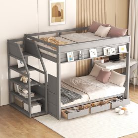 Wood Full Size Convertible Bunk Bed with Storage Staircase, Bedside Table, and 3 Drawers