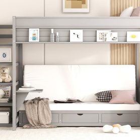 Wood Full Size Convertible Bunk Bed with Storage Staircase, Bedside Table, and 3 Drawers