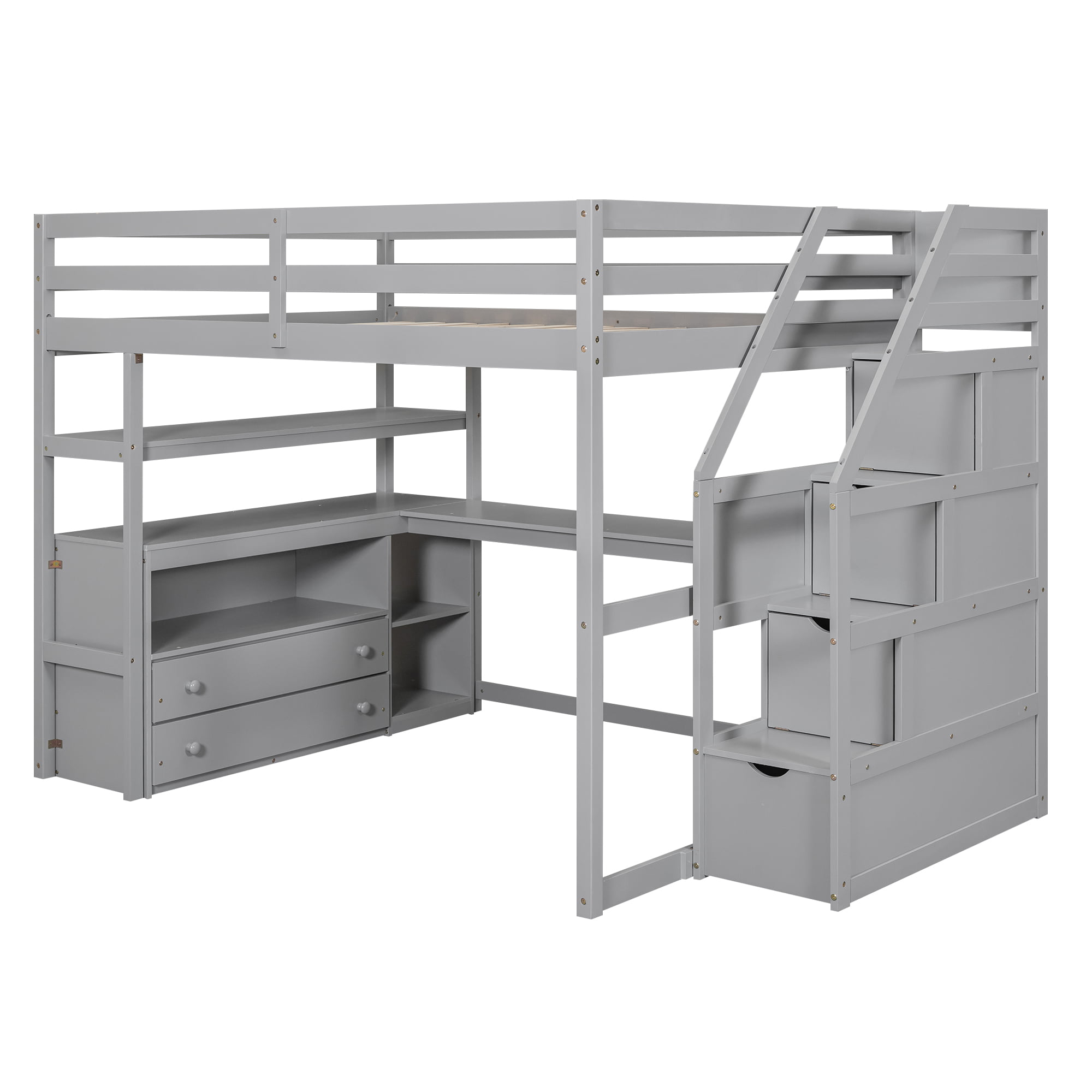 Full Size Loft Bed With Desk And Shelves, Two Built-in Drawers, Storage Staircase 15 Full Size Loft Bed With Desk And Shelves, Two Built-in Drawers, Storage Staircase