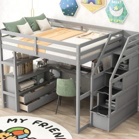 Full Size Loft Bed With Desk And Shelves, Two Built-in Drawers, Storage Staircase 22 Full Size Loft Bed With Desk And Shelves, Two Built-in Drawers, Storage Staircase
