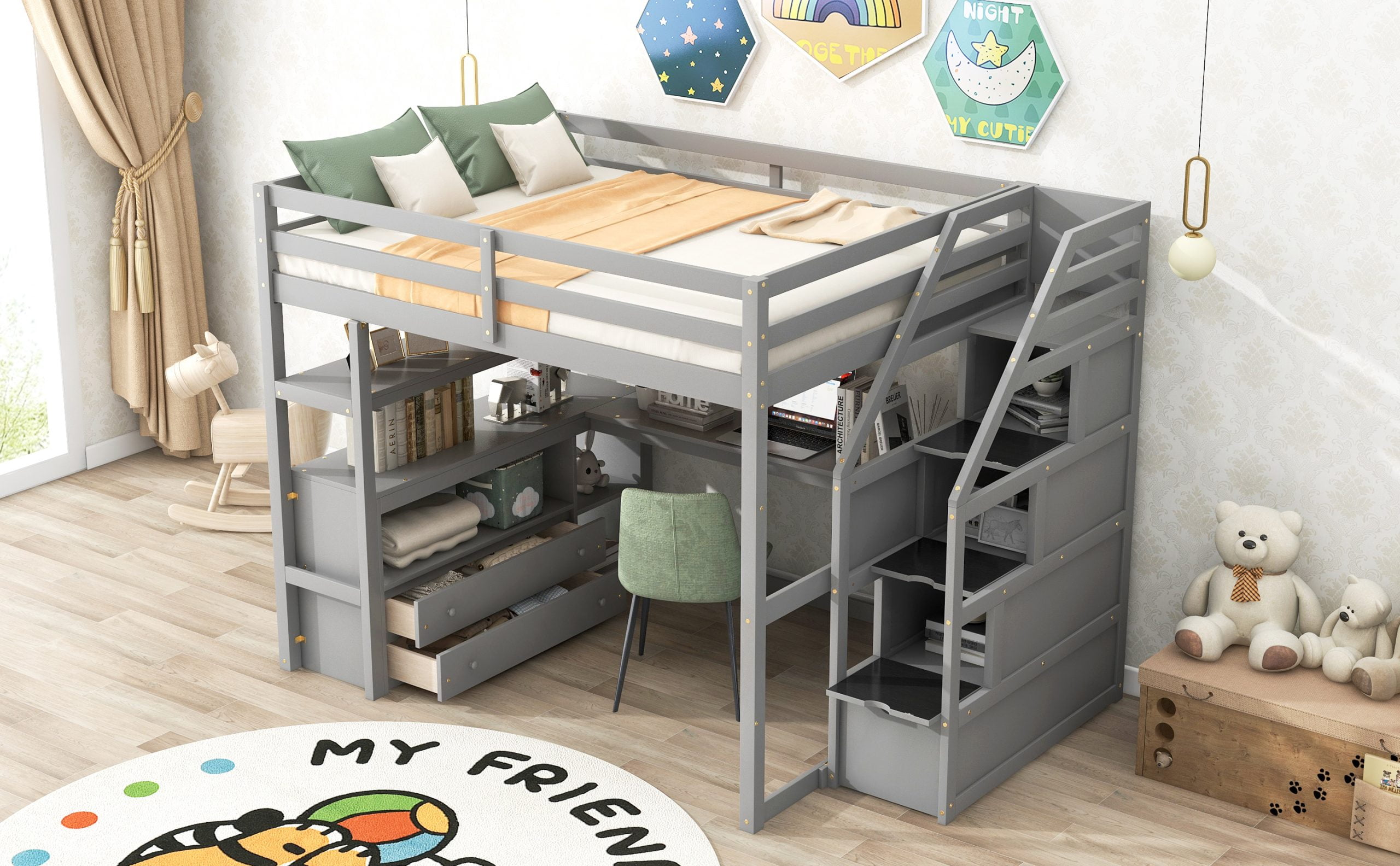 Full Size Loft Bed With Desk And Shelves, Two Built-in Drawers, Storage Staircase 6 Full Size Loft Bed With Desk And Shelves, Two Built-in Drawers, Storage Staircase