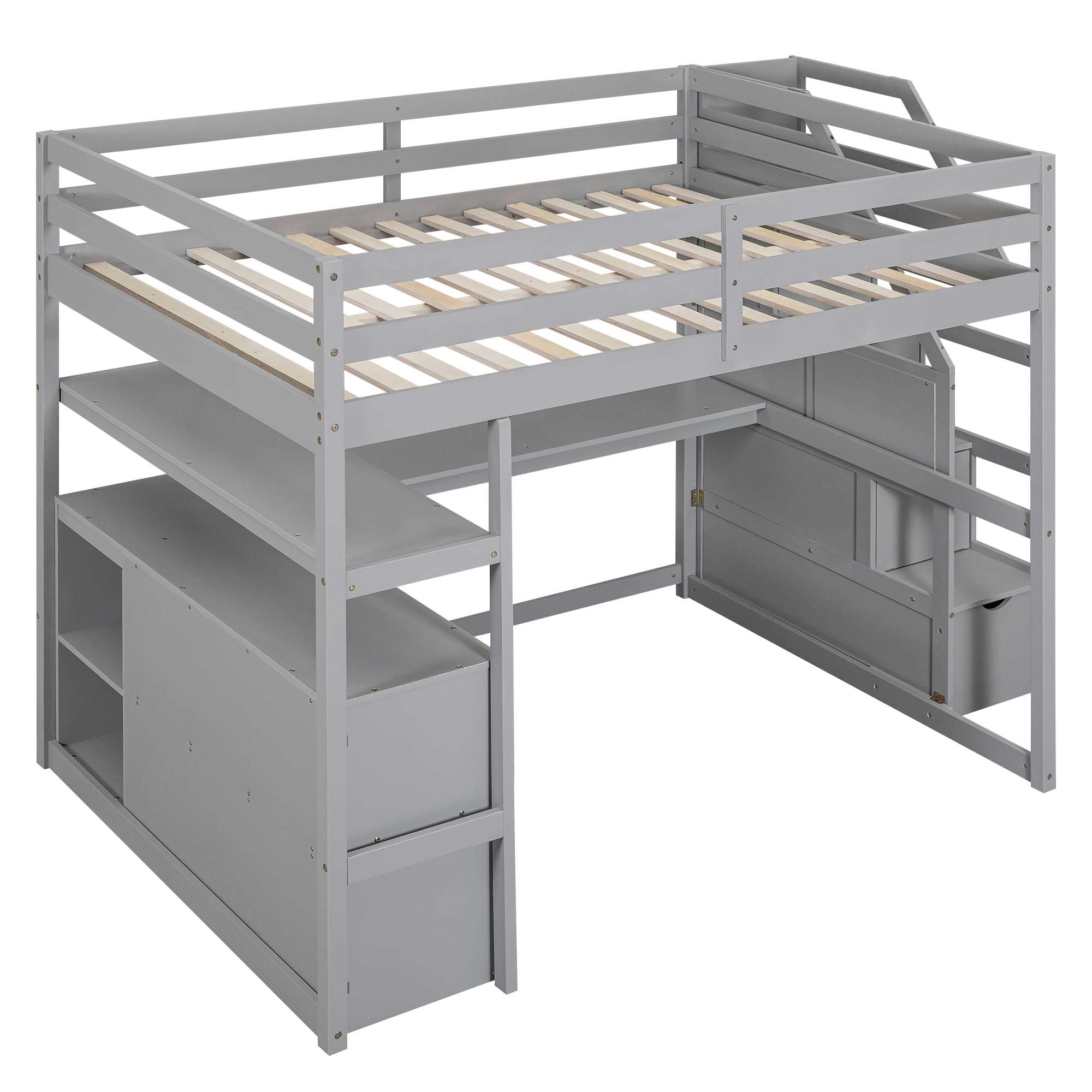 Full Size Loft Bed With Desk And Shelves, Two Built-in Drawers, Storage Staircase 10 Full Size Loft Bed With Desk And Shelves, Two Built-in Drawers, Storage Staircase