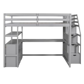 Full Size Loft Bed With Desk And Shelves, Two Built-in Drawers, Storage Staircase 25 Full Size Loft Bed With Desk And Shelves, Two Built-in Drawers, Storage Staircase