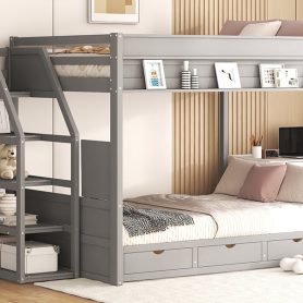 Wood Full Size Convertible Bunk Bed with Storage Staircase, Bedside Table, and 3 Drawers
