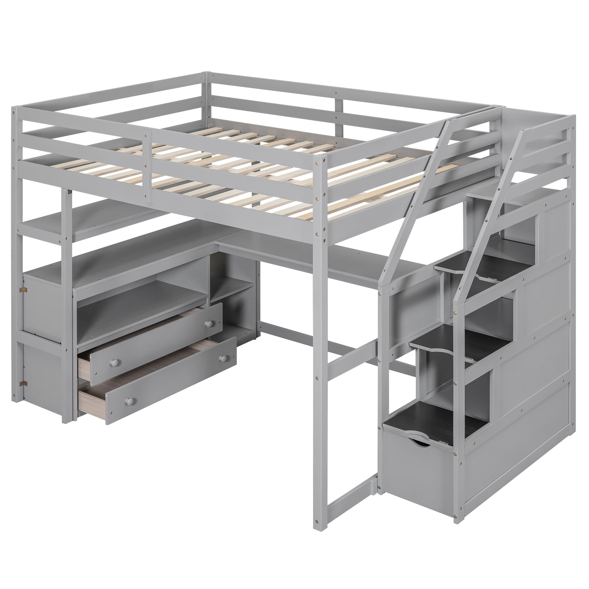 Full Size Loft Bed With Desk And Shelves, Two Built-in Drawers, Storage Staircase 12 Full Size Loft Bed With Desk And Shelves, Two Built-in Drawers, Storage Staircase