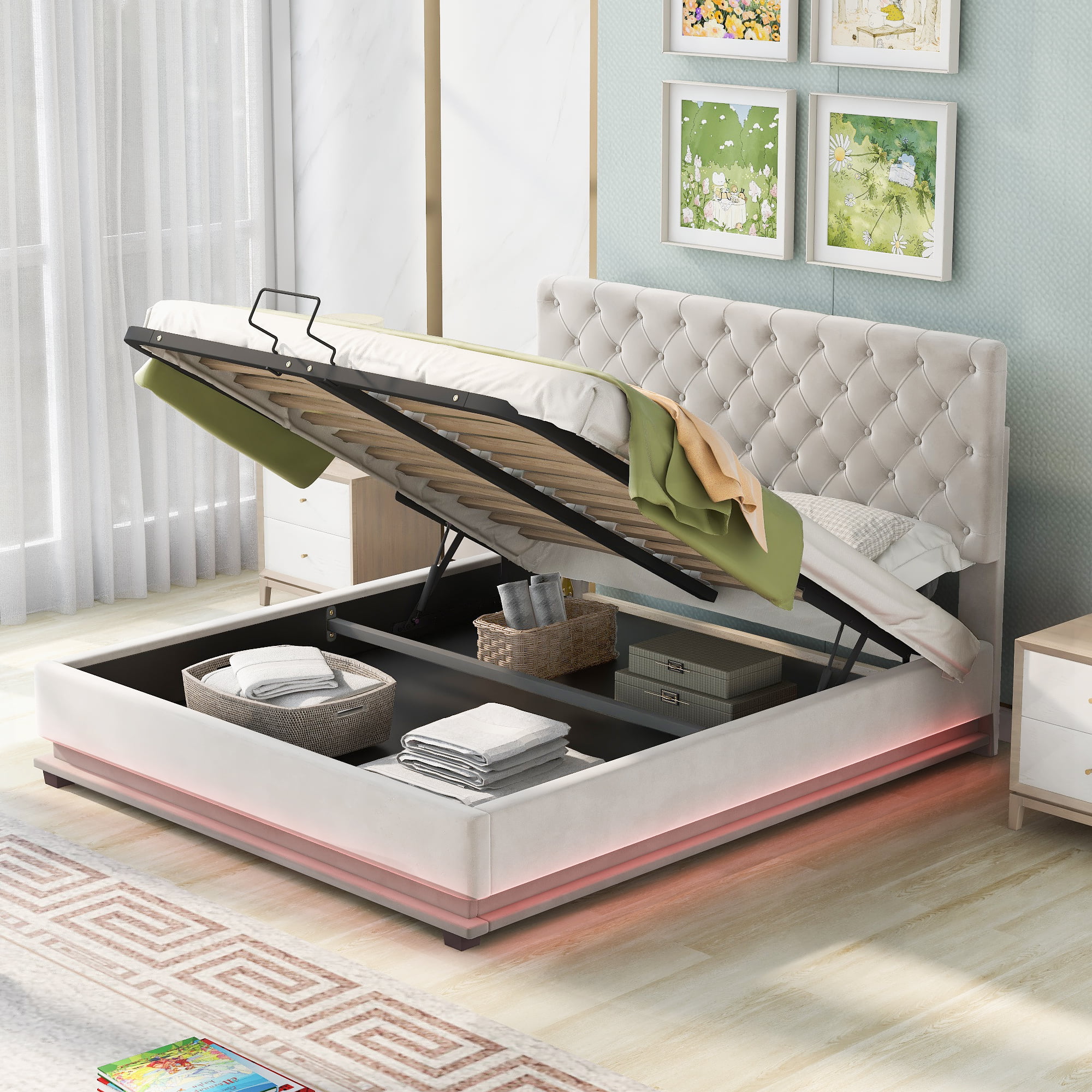 Queen Size Storage Upholstered Platform Bed With Adjustable Tufted Headboard And Led Light