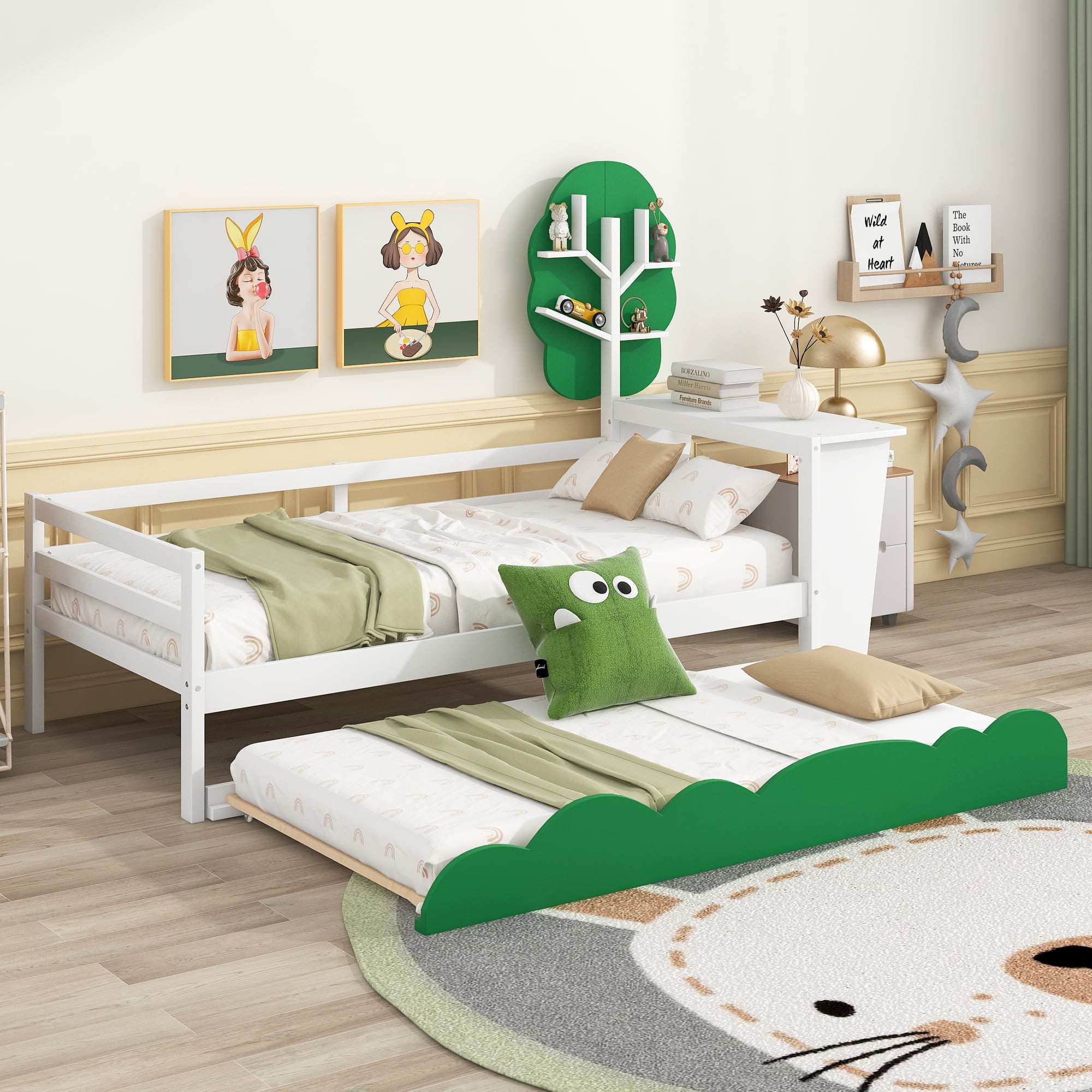 Twin Size Daybed With Desk, Green Tree Shape Shelves And Trundle