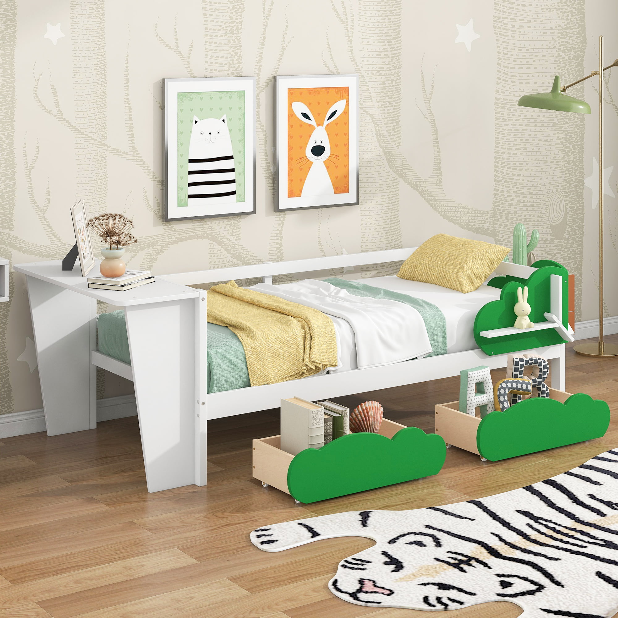 Twin Size Daybed With Desk, Green Leaf Shape Drawers And Shelves