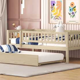 Wood Twin Size Daybed With Trundle And Fence Guardrails