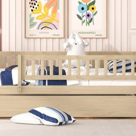 Wood Twin Size Daybed With Trundle And Fence Guardrails