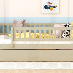 Wood Full Size Daybed With Trundle And Fence Guardrails