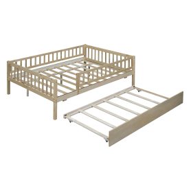Wood Full Size Daybed With Trundle And Fence Guardrails
