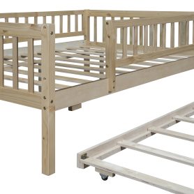 Wood Full Size Daybed With Trundle And Fence Guardrails