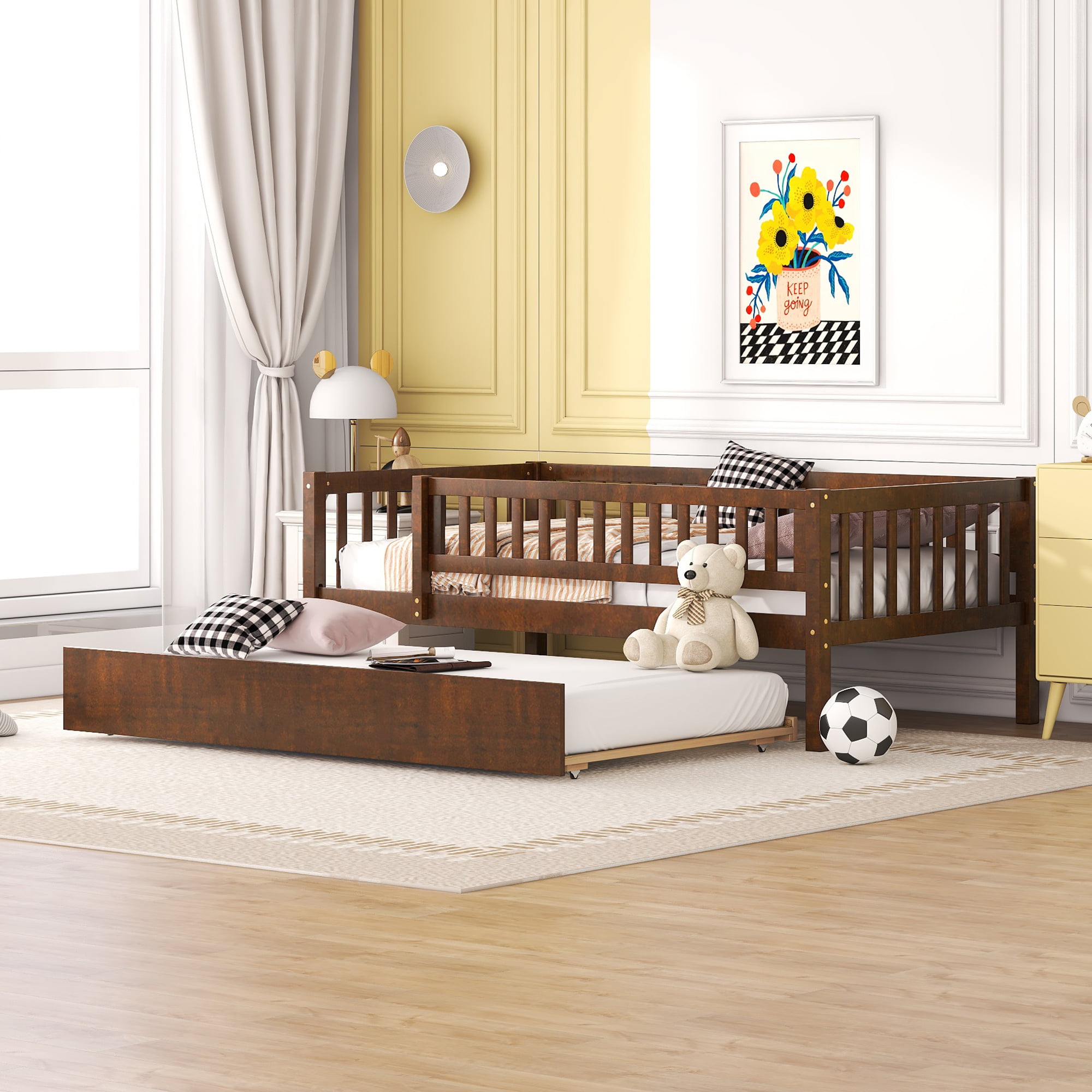 Wood Twin Size Daybed With Trundle And Fence Guardrails