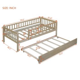 Wood Twin Size Daybed With Trundle And Fence Guardrails