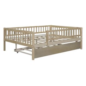 Wood Full Size Daybed With Trundle And Fence Guardrails